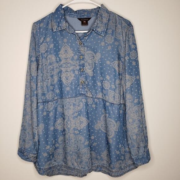 Multiples Half Button Up Long Sleeve Collared Blouse Large Petite - Picture 2 of 5